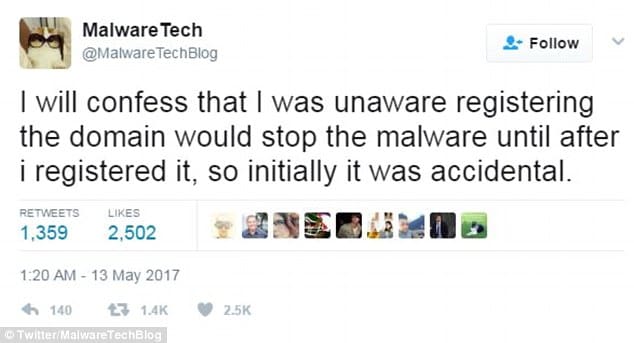 Dòng tweet thông báo của MalwareTech trên mạng Twitter rằng anh đã chặn đứng cuộc tấn công bằng cách mua lại tên miền chưa đăng ký.
