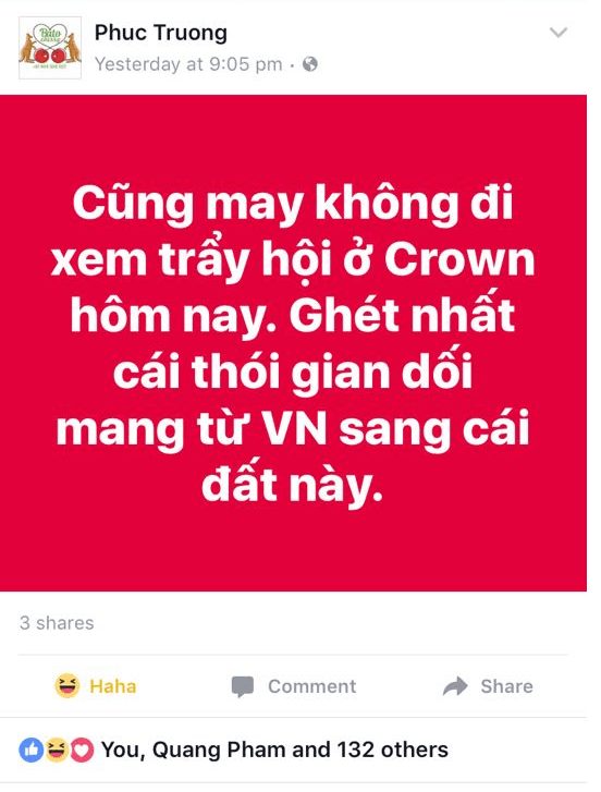 Facebook của a Phuc Truong nói may mà không đi xem, vì kết quả đã đoán trước.