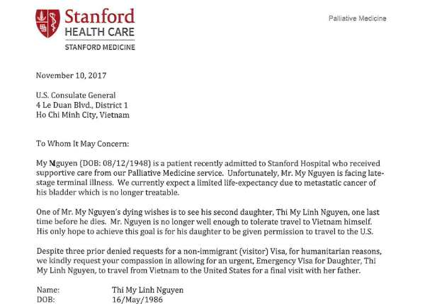 Lá thư bác sĩ tại Mỹ ghi rõ nguyện vọng cuối đời của bệnh nhân là gặp lại con gái lần cuối.