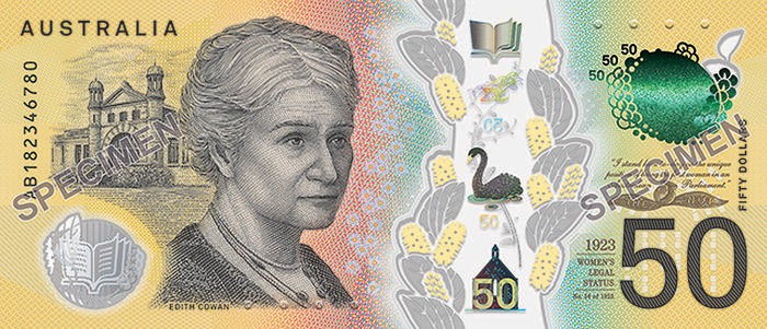 A portrait of Edith Cowan, the first female member of an Australian parliament, on the new $50 bank note. 