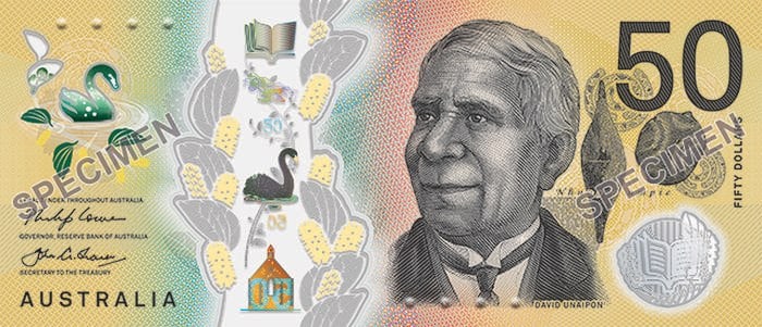 A portrait of David Unaipon, an inventor and Australia&#039;s first published Aboriginal author, on the new $50 bank note.