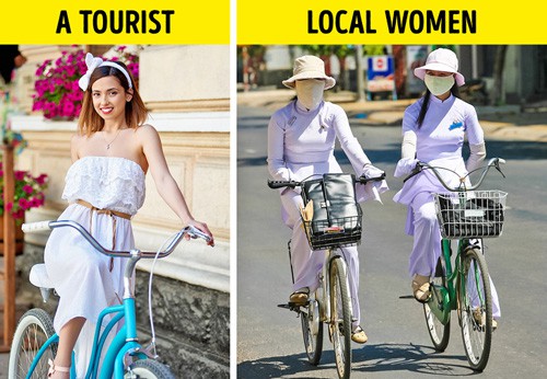 Khách nước ngoài thường thoải mái tận hưởng ánh mặt trời khi tới Việt Nam, nhưng người dân bản địa thì luôn che chắn kín mít. Ảnh: Buzzfeed.