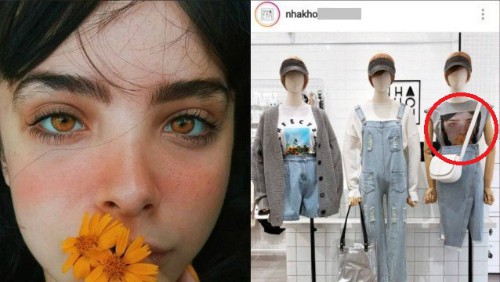 Ảnh selfie của Meanda (trái) và chiếc áo in hình mặt cô trong một cửa hàng thời trang ở TP HCM.