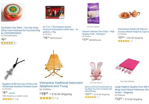 Một số mặt hàng Việt Nam trong tổng số hơn 20.000 loại hàng hóa Erik Frankel bán trên trang thương mại điện tử Amazon. Ảnh: Amazon.
