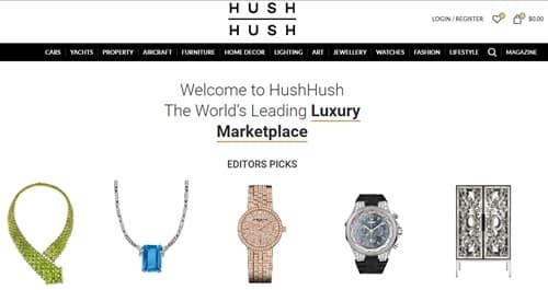 Hush Hush là website chuyên bán hàng xa xỉ trực tuyến. Ảnh chụp màn hình