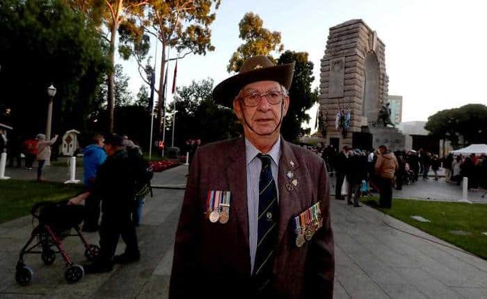 Vietnam Veteran Gram Fernnell is seen during the Anzac day dawn service at the War Memorial on North Terrace in Adelaide.