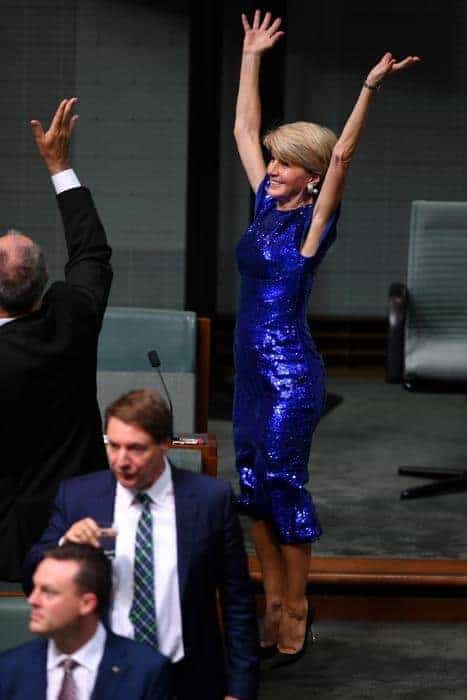 Former foreign minister Julie Bishop reacts ahead of Treasurer Josh Frydenberg handing down his first Federal Budget in the House of Representatives at Parliament House in Canberra, Tuesday, 2 April 2019. (AAP Image/Lukas Coch) NO ARCHIVING