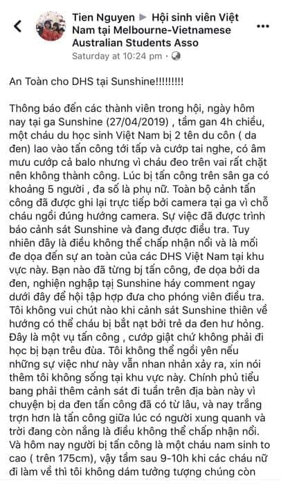 Câu chuyện một thanh niên Việt Nam bị 2 côn đồ Phi Châu lao vào tấn công tới tấp và cướp tai nghe, túi xách tại ga xe lửa Sunshine 