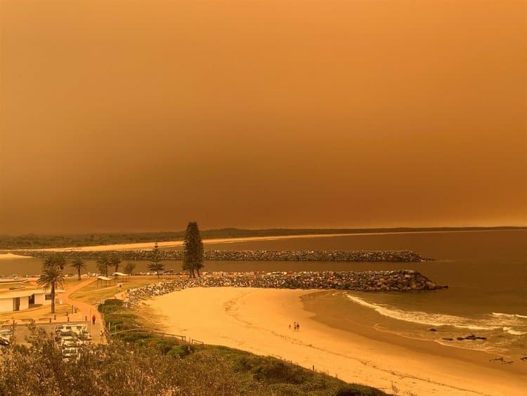 Bầu trời bờ biển bắc bang New South Wales chuyển sang màu cam vì cháy rừng hôm 7/11. Ảnh: Twitter/Nick McLoren.