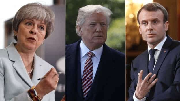 
(Từ trái sang phải) Thủ tướng Anh Theresa May, Tổng thống Mỹ Donald Trump và Tổng thống Pháp Emmanuel Macron (Ảnh: Getty)
