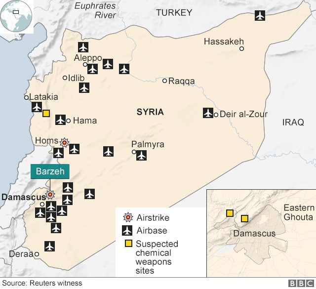 
Bản đồ vị trí các mục tiêu tấn công của liên minh Mỹ - Anh - Pháp (Đồ họa: BBC)
