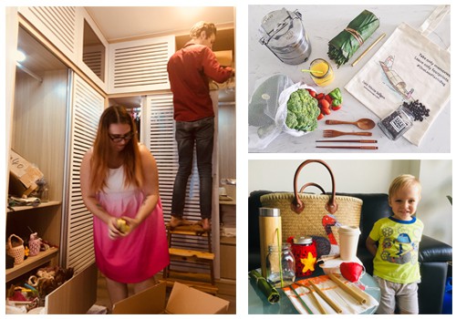Tại nhà riêng, hai vợ chồng Burdge bận rộn xếp đồ chuyển cho khách hàng (trái) và cậu con trai Sebastien Miles (phải, dưới) chụp cùng các sản phẩm của Zero Waste Saigon. Ảnh: Hạnh Phạm. 