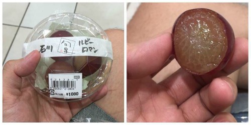 Nhu Ruby Roman bán theo hộp 3 quả tại Nhật Bản có giá 1.080 yên.