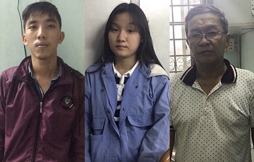 Bảo, Hoàng Anh, Hùng (từ trái sang) tại cơ quan điều tra. Ảnh: Công an cung cấp.