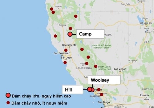 Vị trí ba đám cháy lớn ở California. Ảnh: NASA.