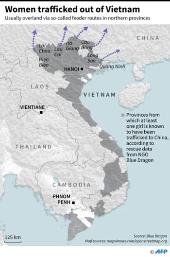 Những con đường buôn bán phụ nữ Việt Nam sang Trung Quốc. Đồ họa: AFP.