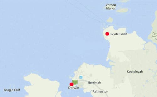 Vị trí của cảng Darwin và khu vực Glyde Point ở Australia. Đồ họa: Surf-forecast.