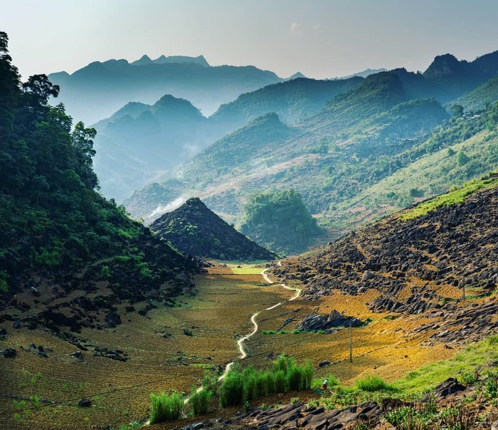 Một con đường chạy xuyên qua vùng thung lũng xanh mướt.