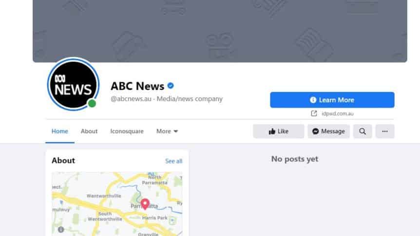 A screenshot of the ABC News page on Facebook showing no posts