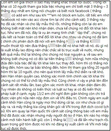 Cô gái trong vụ bị 4 thanh niên hiếp dâm tập thể bất ngờ tiết lộ trước đó vài ngày đã bị một người đàn ông Hàn giở trò đồi bại và diễn biến mới nhất trên trang cá nhân - Ảnh 3. Cô gái trong vụ bị 4 thanh niên hiếp dâm tập thể bất ngờ tiết lộ trước đó vài ngày đã bị một người đàn ông Hàn giở trò đồi bại và diễn biến mới nhất trên trang cá nhân - Ảnh 3.