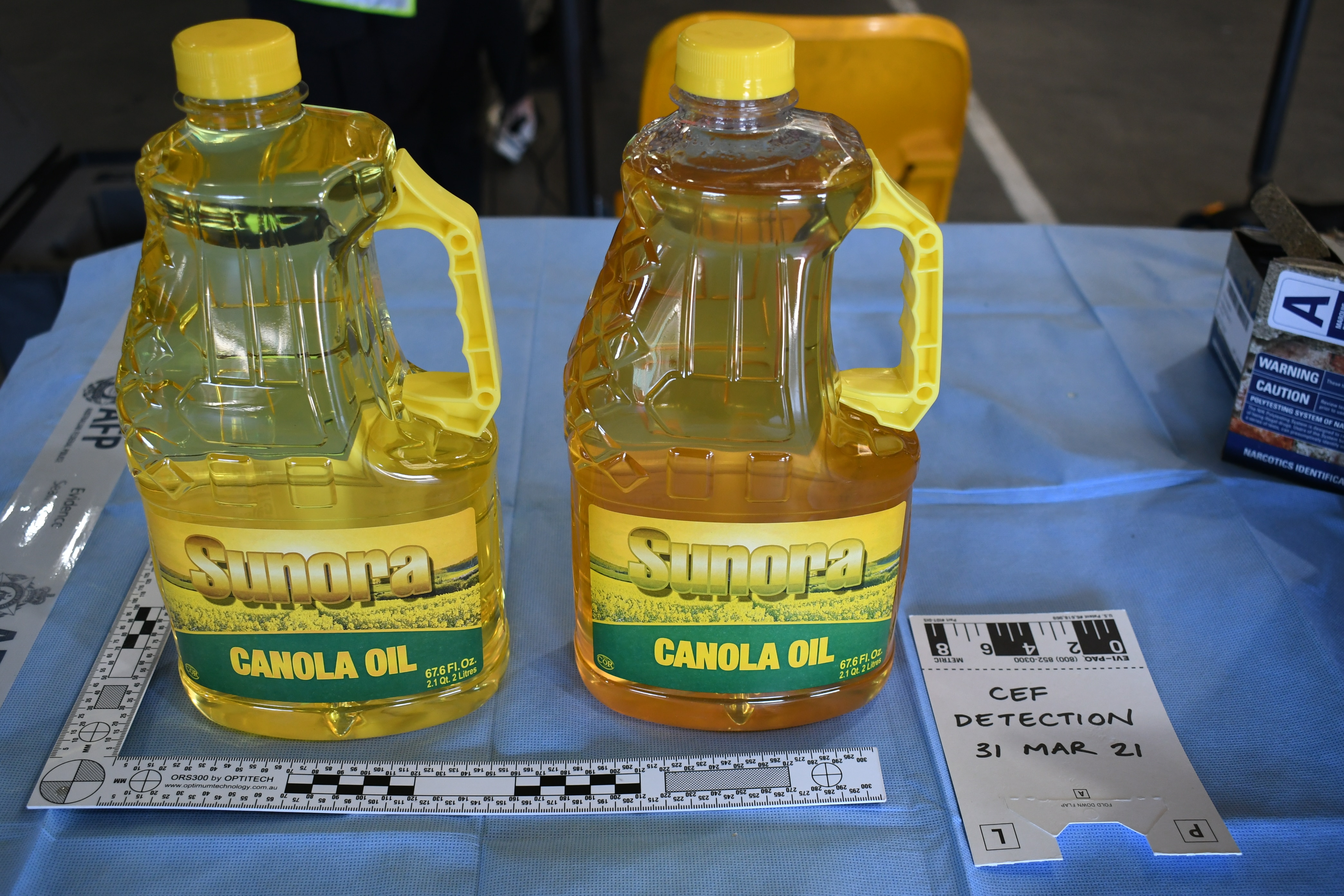 Forensic testing confirmed 269 of the 'canolo oil' bottles contained an estimated 538 kilograms of liquid methamphetamine.