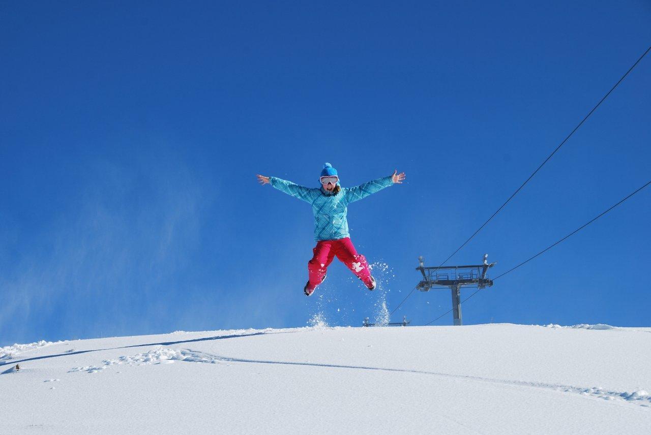 Emmie Phillips of Jindabyne playing in the fresh snow in Perisher Blue in the Snowy Mountains, New South Wales. 