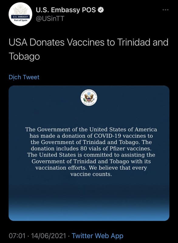 Dân Trinidad và Tobago soi Mỹ tặng 400 liều vắc xin, Trung Quốc tặng gấp... 750 lần - Ảnh 2. Dân Trinidad và Tobago soi Mỹ tặng 400 liều vắc xin, Trung Quốc tặng gấp... 750 lần - Ảnh 2.