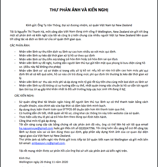 Thử phản ánh gửi đến ĐSQ Việt Nam ở NZ