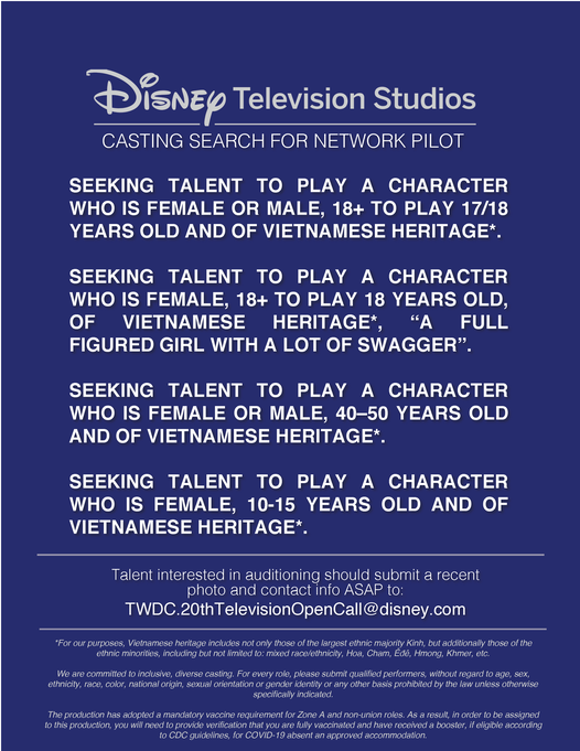 
Thông báo tuyển dụng diễn viên gốc Việt của Disney (Ảnh: Disney)