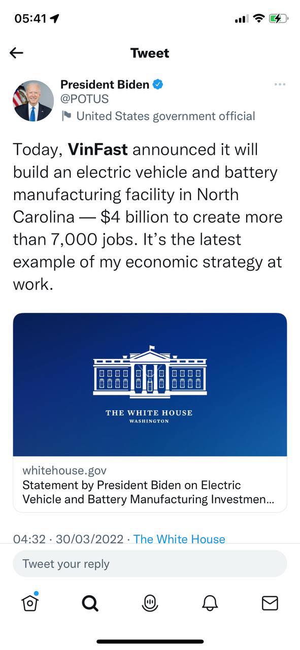 Tổng thống Mỹ Joe Biden chúc mừng VinFast xây nhà máy 4 tỷ USD tại Mỹ  - Ảnh 1.