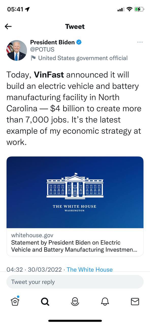 Tổng thống Mỹ Joe Biden chúc mừng VinFast xây nhà máy 4 tỷ USD tại Mỹ  - Ảnh 1.