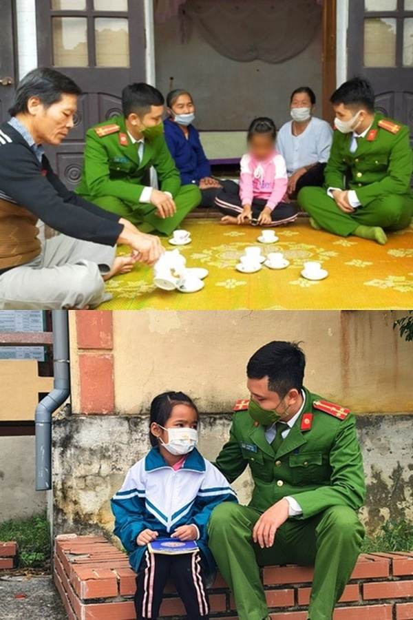  
Chiến sĩ công an đến nhà thăm bé N. (ảnh trên) và cuộc gặp gỡ giữa chiến sĩ Hải cùng bé N. (ảnh dưới)